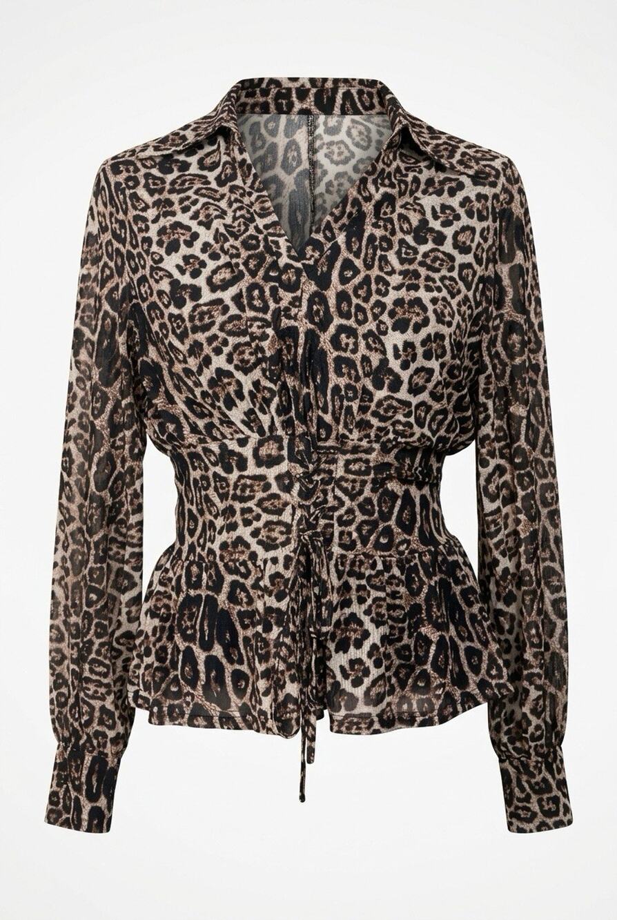 Ember Multi Tie Waist Leopard Blouse Sheer Y2K Whimsigoth Mob Wife Women's L